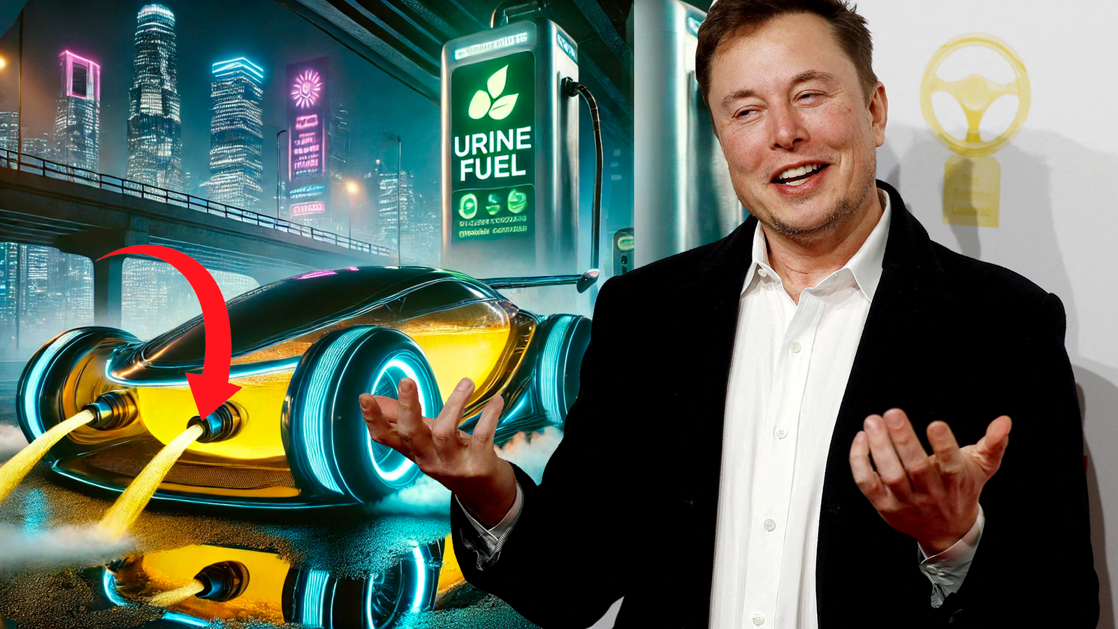 Elon Musk apresenta o revolucionário UroTesla 1.0, o carro movido a urina, com a inovação mostrando urina saindo do escapamento, em uma revolução ecológica para a indústria automotiva